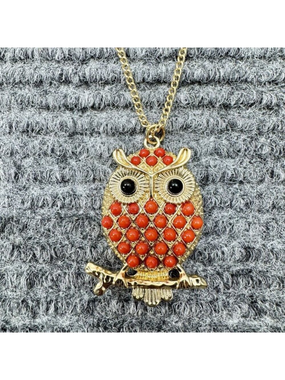 Vintage Owl Long Pendant Necklace Orange Beads Gold Tone Statement Whimsical Y2K